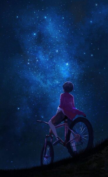 Ảnh nền điện thoại đêm buồn cậu bé đạp xe dưới bầu trời đầy sao