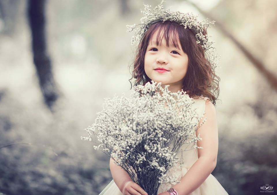 Hình em bé hàn quốc đáng yêu cầm bó hoa nhí trắng