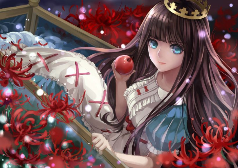 Hình công chúa anime cùng hoa bỉ ngạn màu đỏ