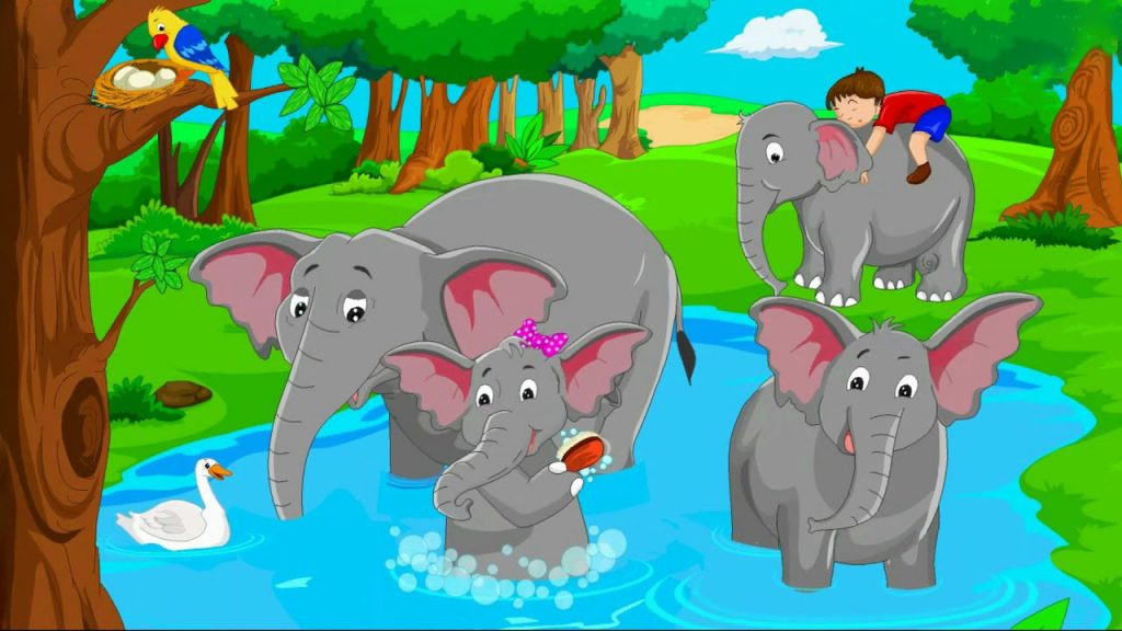 Hình vẽ đàn voi đang tắm
