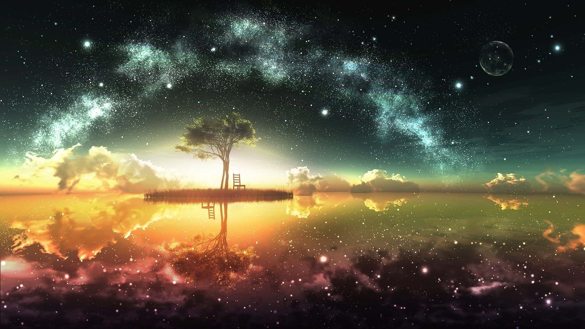 Ảnh nền galaxy cây giữa hồ cực đẹp cho máy tính