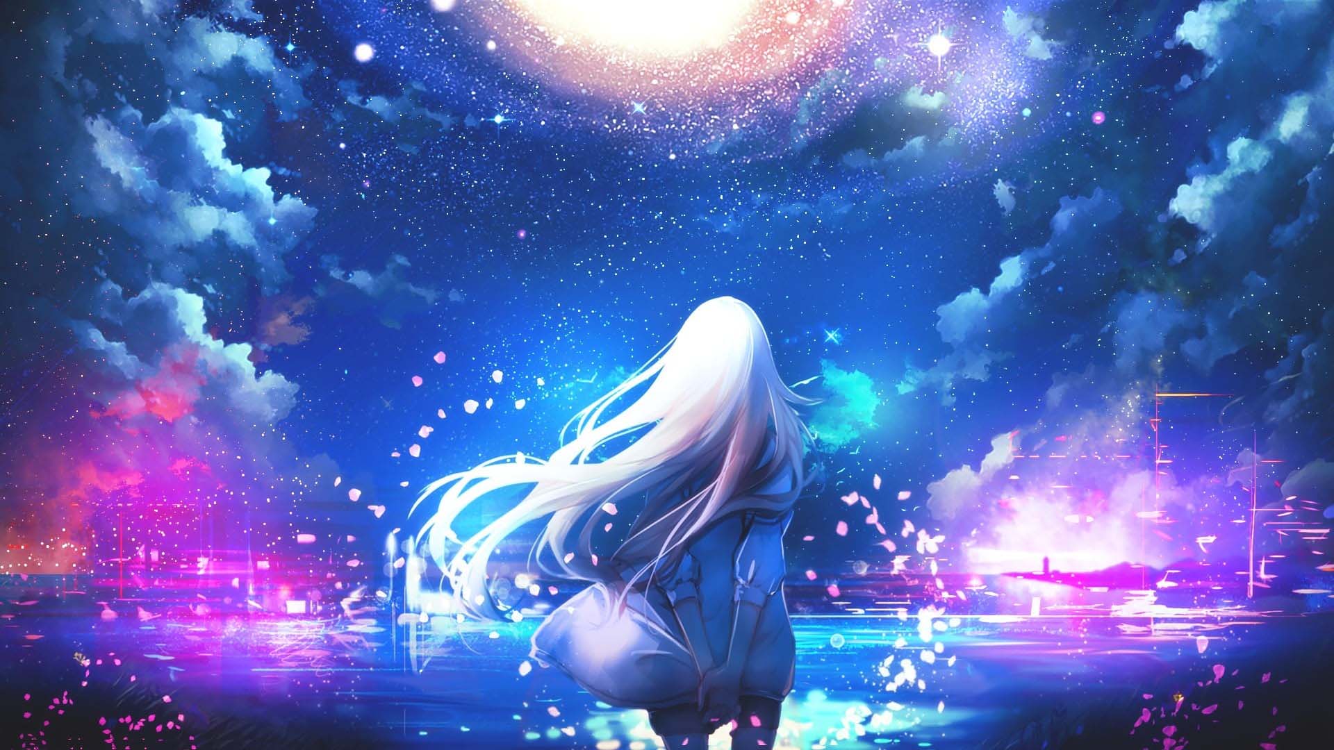 Hình galaxy cô gái anime tóc dài trắng ngắm bầu trời đẹp tuyệt ảo