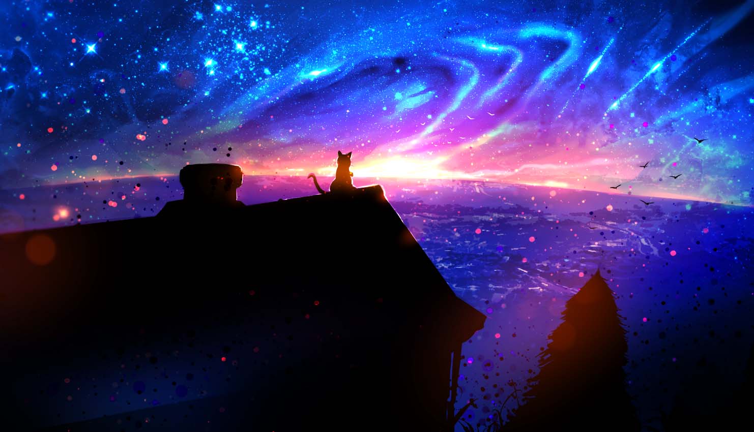 Hình nền galaxy chú mèo ngồi trên mái nhà ngắm trời sao