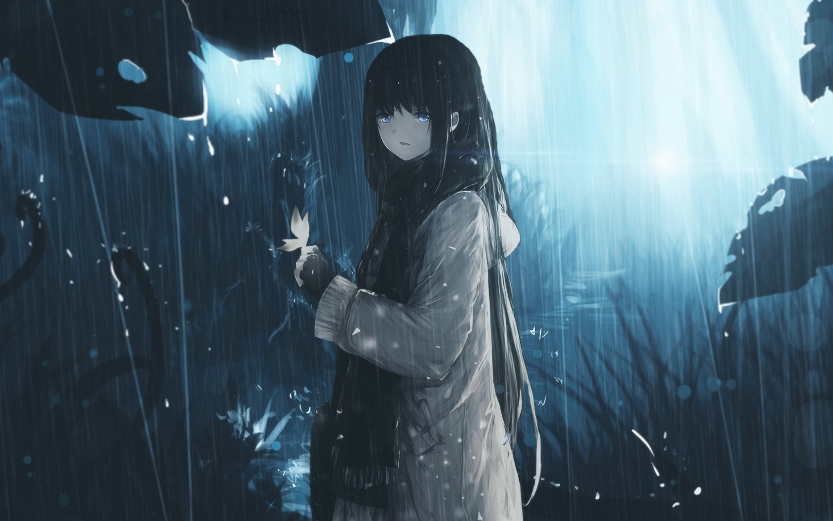 hình nền hoạt hình cô gái anime buồn dưới mưa