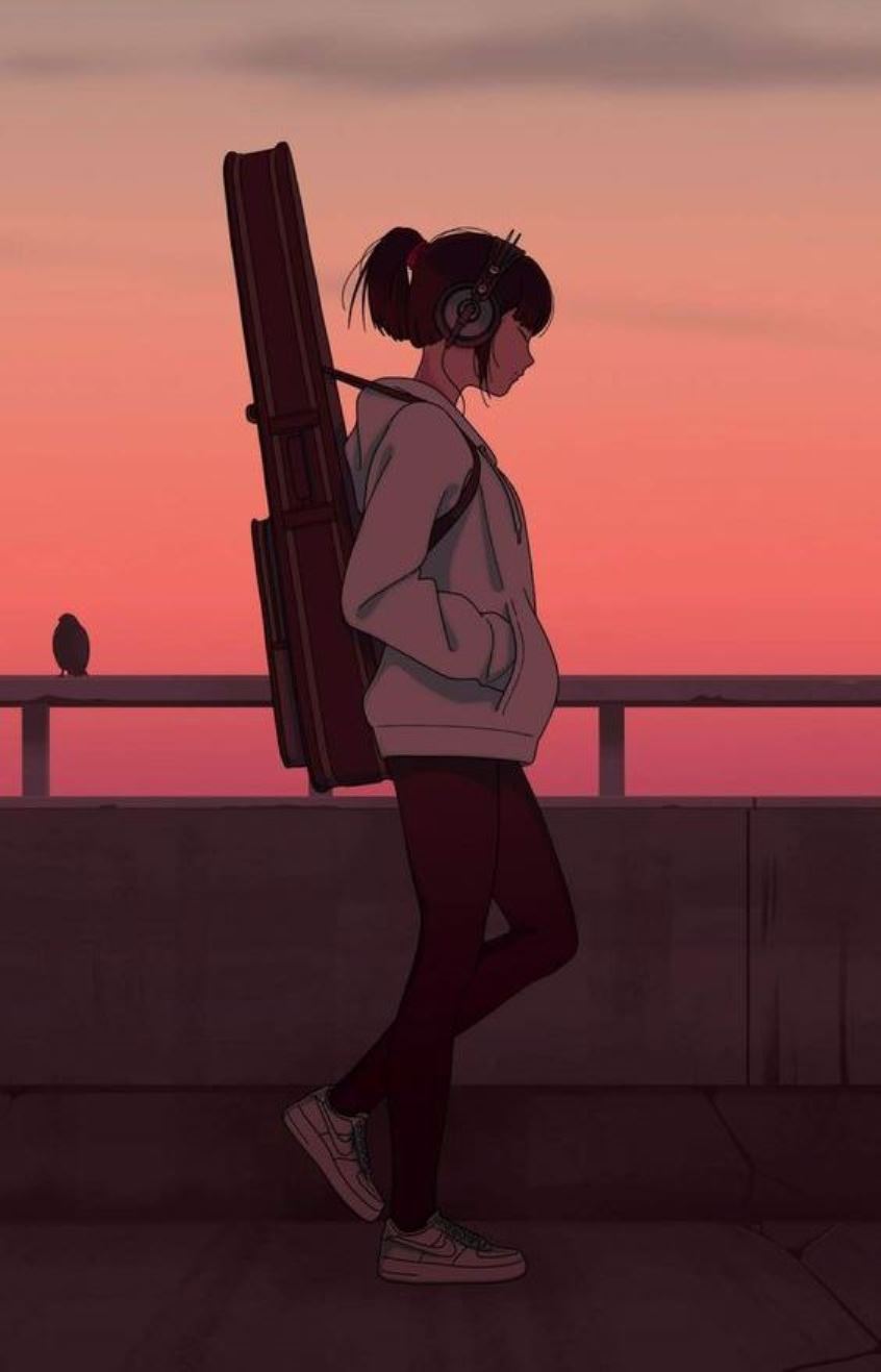 hình nền hoạt hình cô gái đeo đàn guitar sau lưng buồn bã đi về nhà