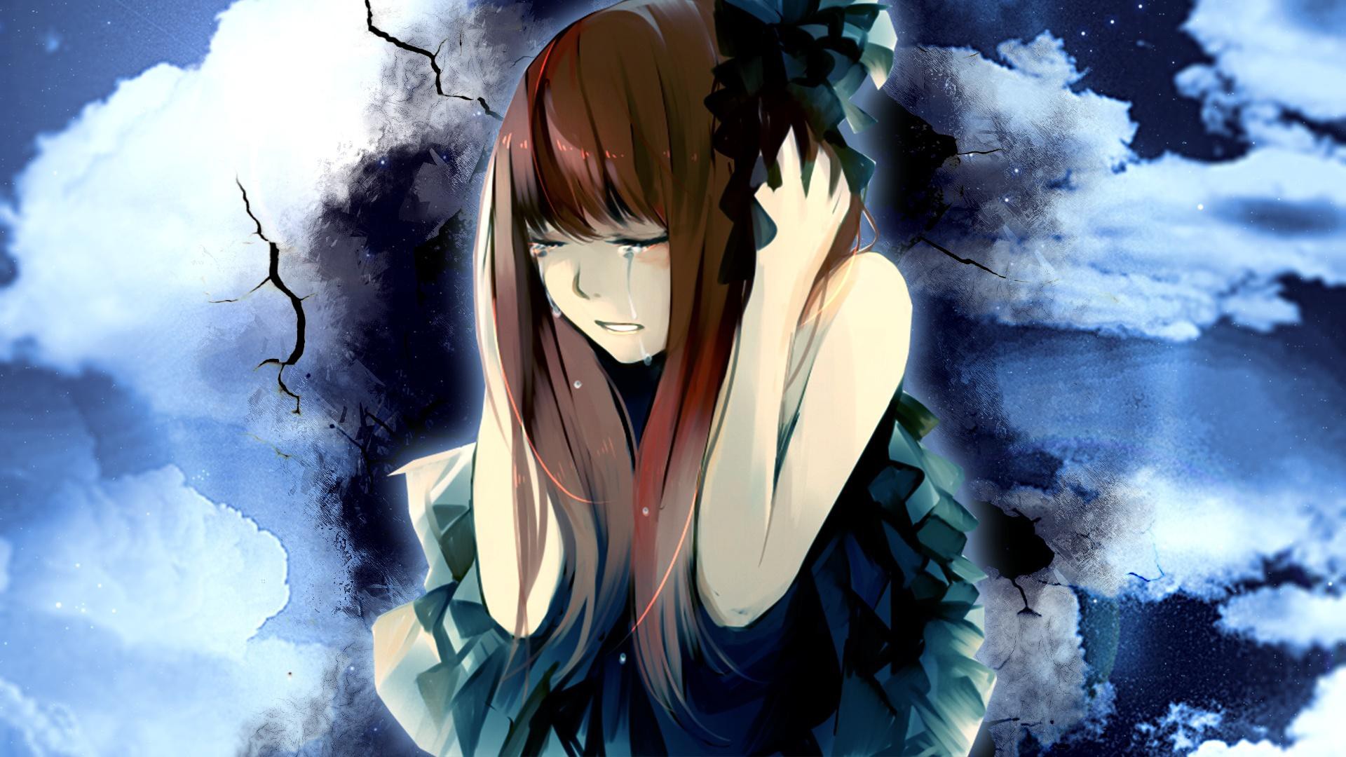 hình nền hoạt hình cô gái anime tuyệt vọng ôm đầu khóc