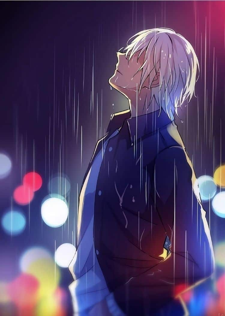 hình nền hoạt hình chàng trai cô đơn khóc dưới mưa