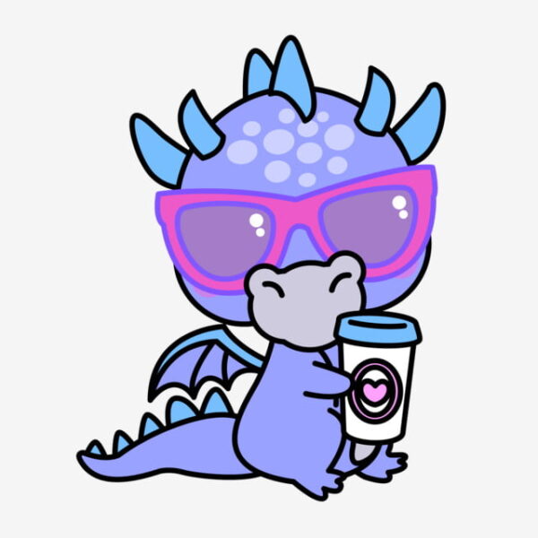 ảnh rồng con chibi đeo kính đang cầm cốc trà sữa