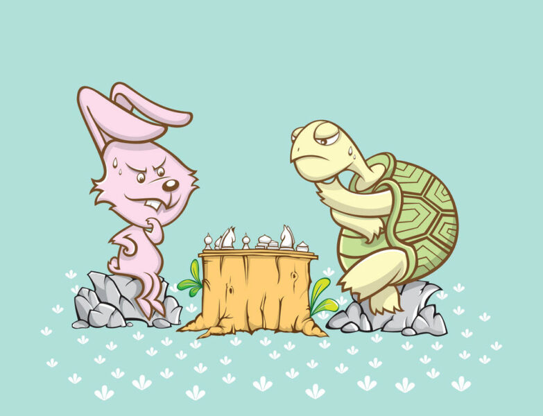 ảnh rùa và thỏ đang chơi cờ