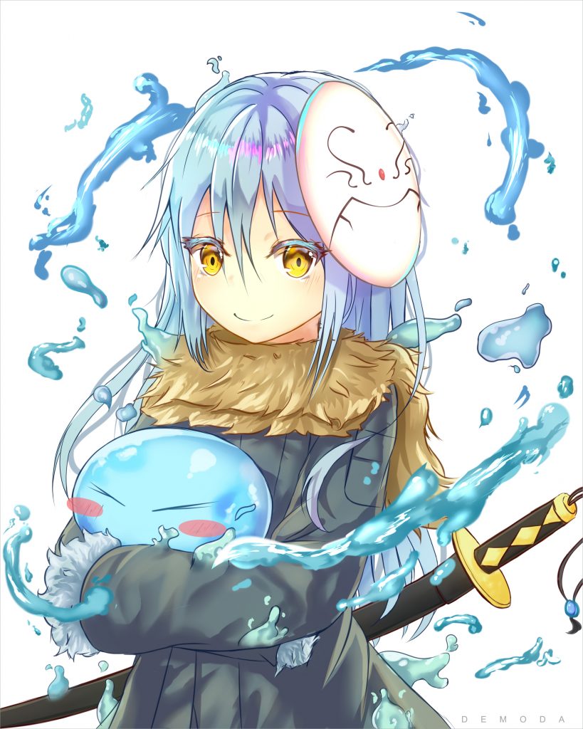 Chiếc avatar Rimuru cầm nhân vật hai của mình là slime xanh