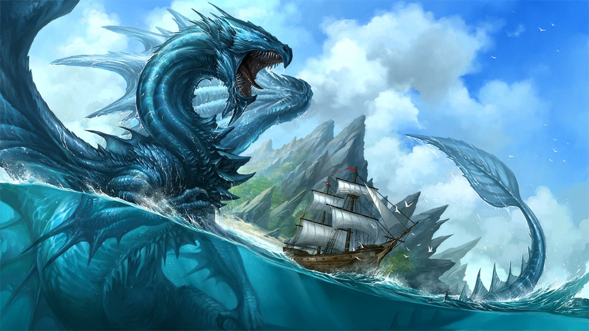 Hình ảnh rồng nước 3D chiến đấu với con thuyền