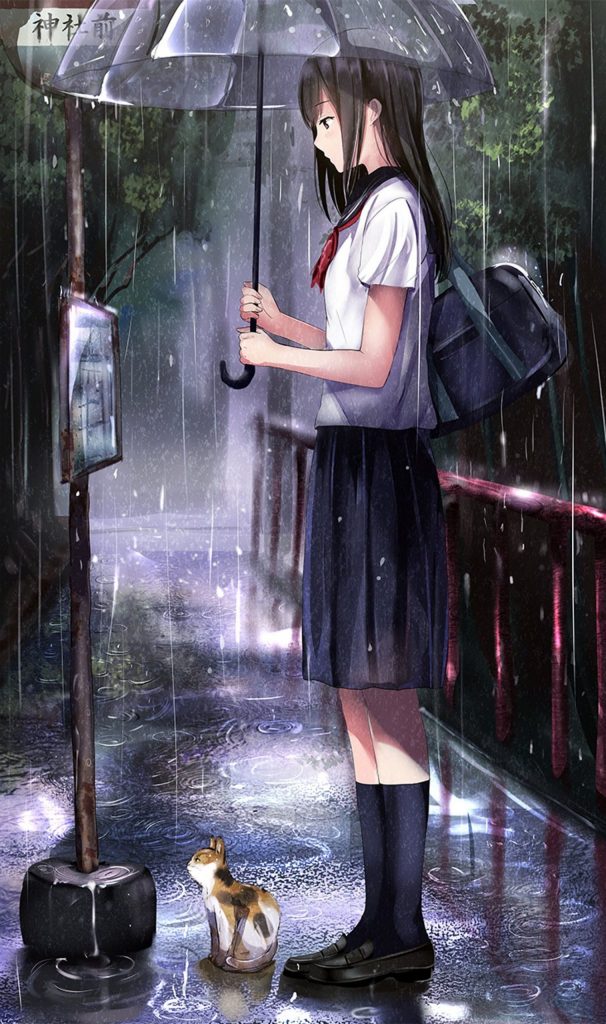 Ảnh anime nữ buồn đợi xe bus dưới mưa