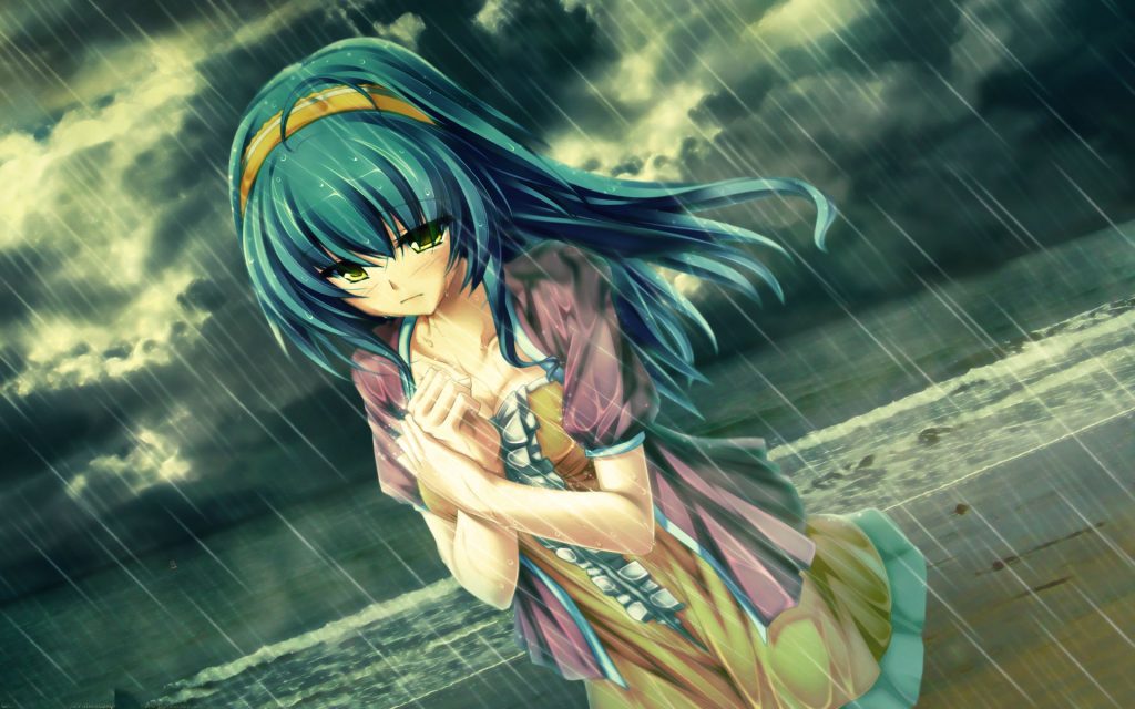 Ảnh anime nữ khóc dưới mưa bên bãi biển