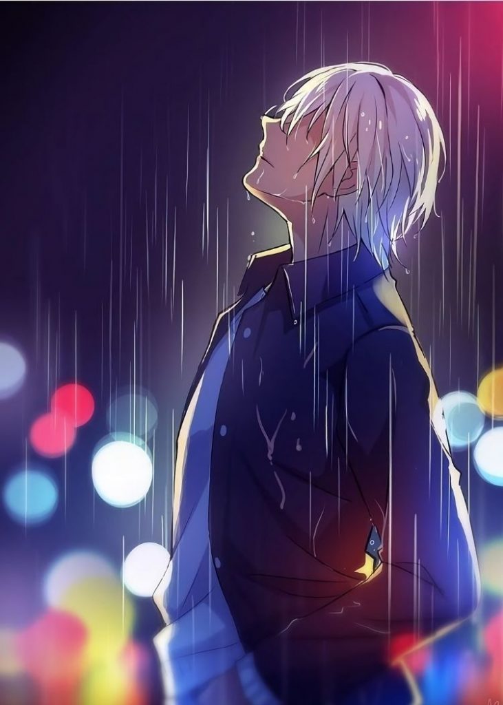 Ảnh anime nam khóc và cảm nhận những hạt mưa