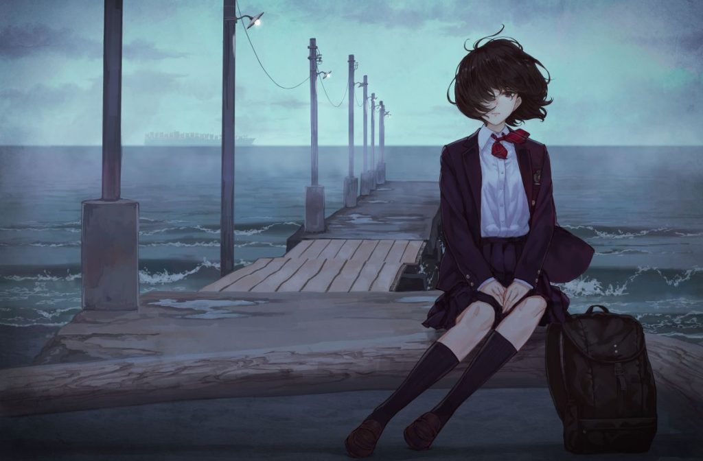 Ảnh anime nữ tuyệt vọng ngồi cạnh biển