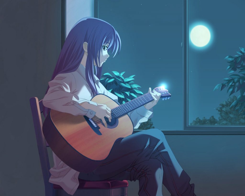 Ảnh anime nữ cô độc chơi đàn guitar bên ô cửa sổ