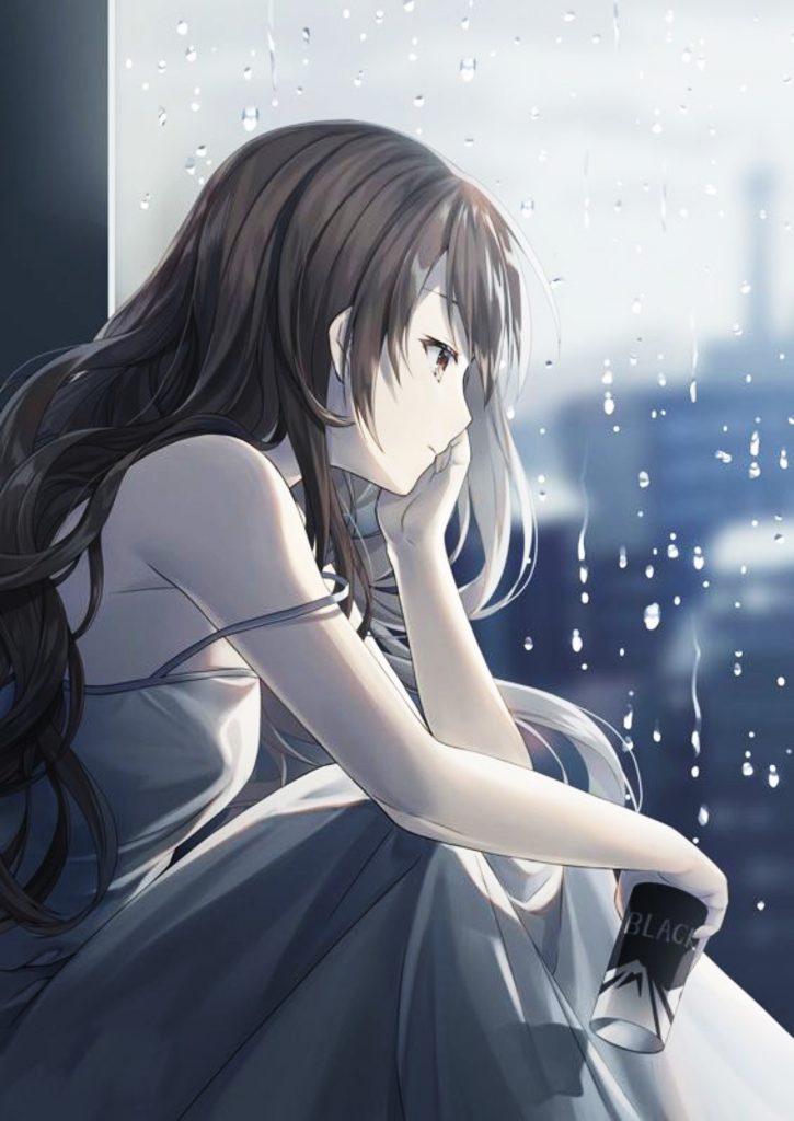 Ảnh nữ anime buồn cô đơn, suy tư dưới mưa