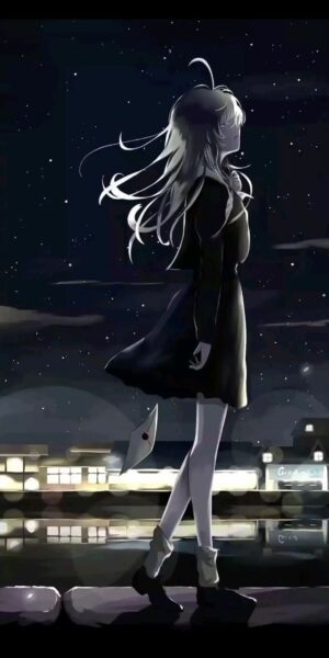 Ảnh anime nữ buồn cô đơn đang đi dạo bên bờ hồ