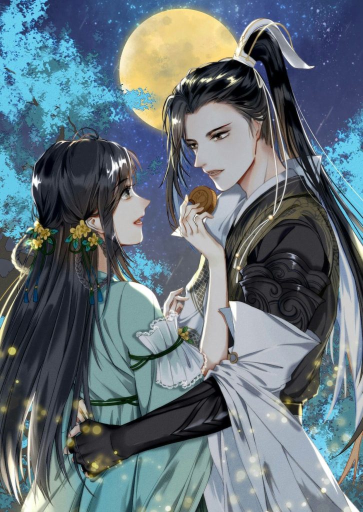Cặp đôi anime cổ trang lãng mạn dưới ánh trăng