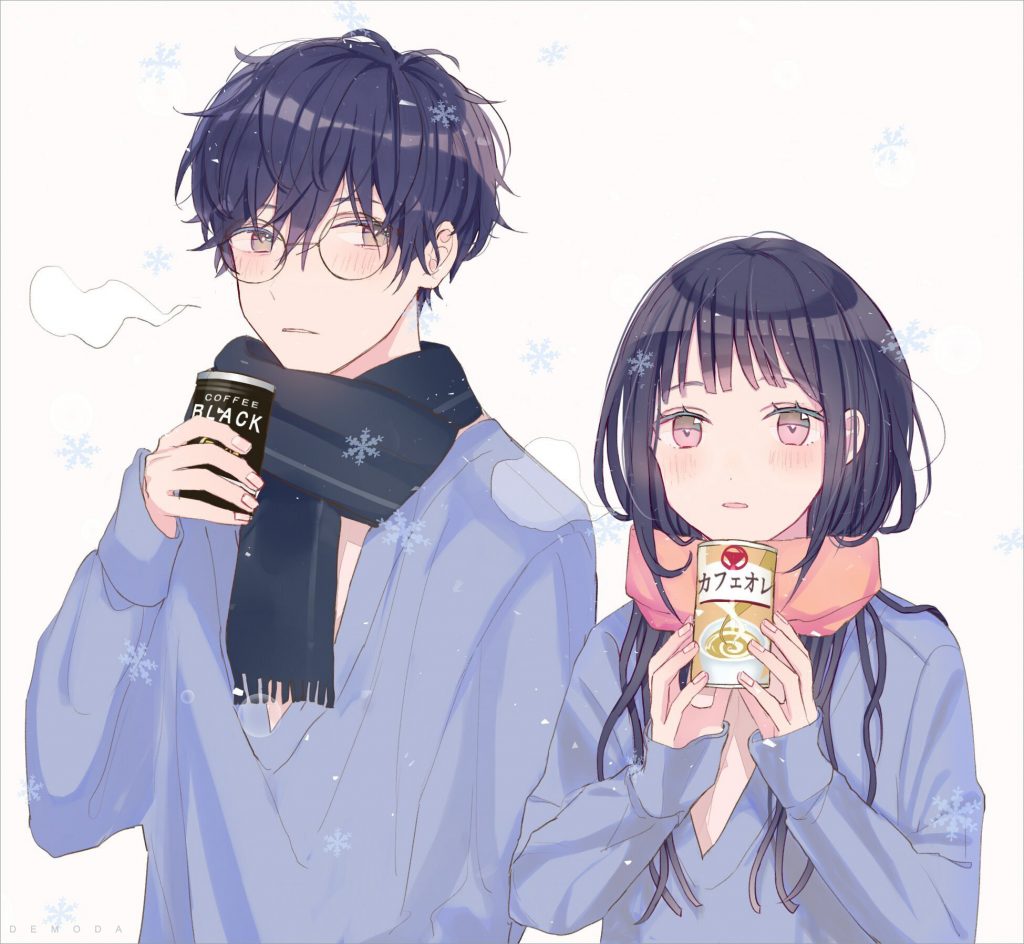 Ảnh anime cặp đôi cùng nhau thưởng thức đồ uống trong mùa đông giá lạnh