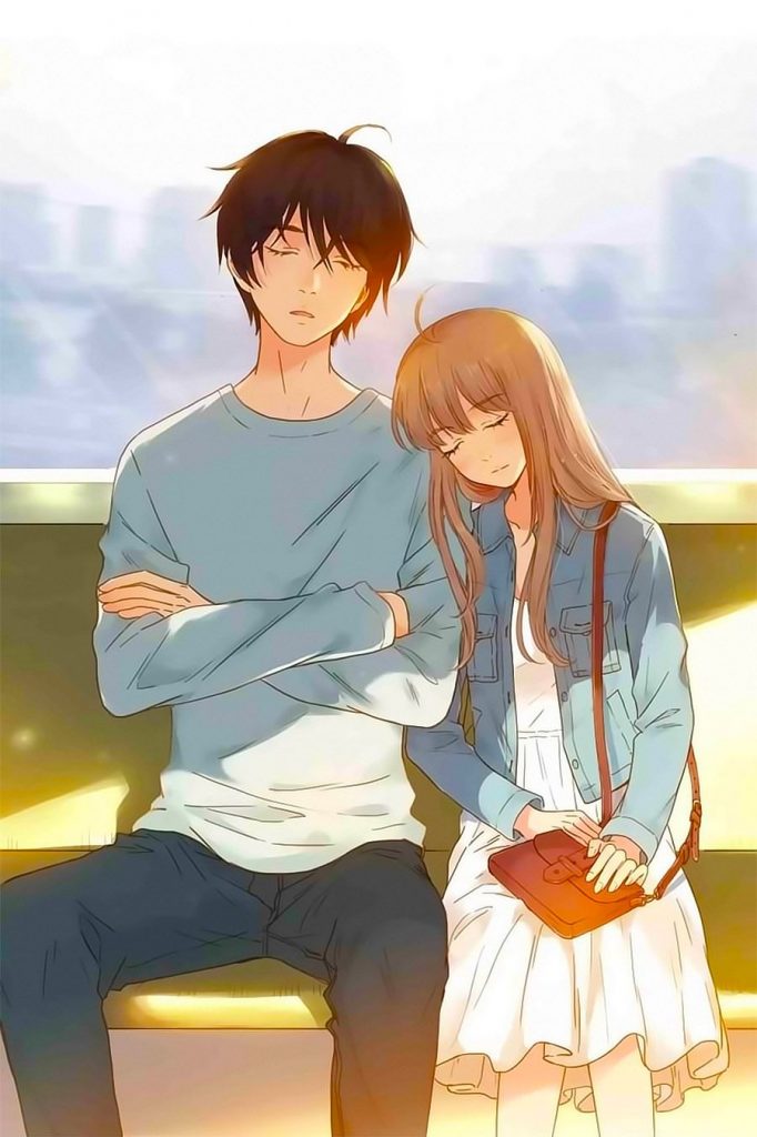 Anime đôi uyên ương ngủ gật trên tàu điện siêu dễ thương và lãng mạn