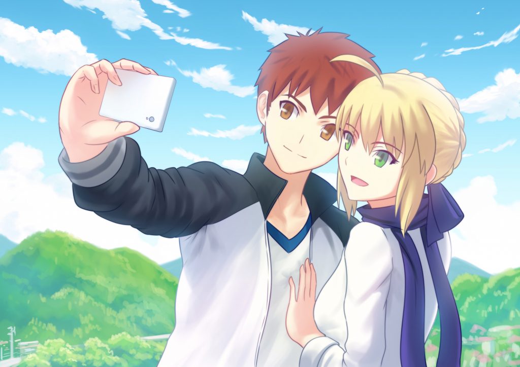 Cặp đôi anime chụp ảnh cùng nhau với background thiên nhiên tuyệt đẹp