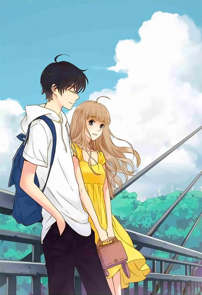 Hình anime đôi bạn thân trò truyện trên cây cầu