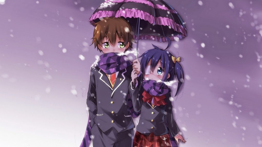 Đôi bạn trẻ anime nhìn nhau đắm đuối trong trời tuyết lãng mạn