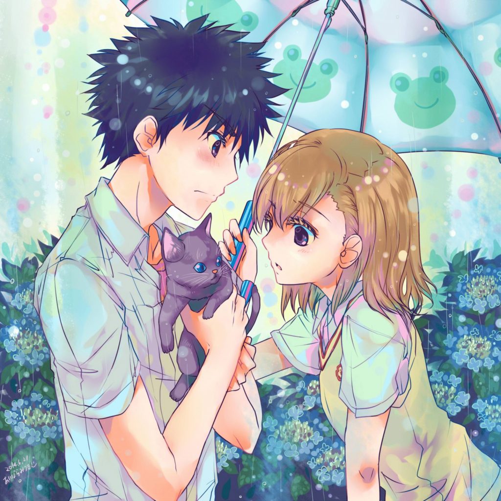 Ảnh đôi bạn thân anime bảo vệ cho chú mèo dưới mưa