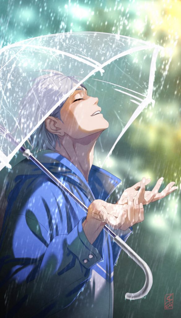 Hình anime nam cô đơn cảm nhận từng giọt mưa