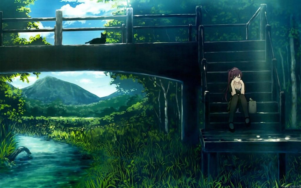 Cảnh anime cô gái ngồi trên cây cầu đầy thơ mộng