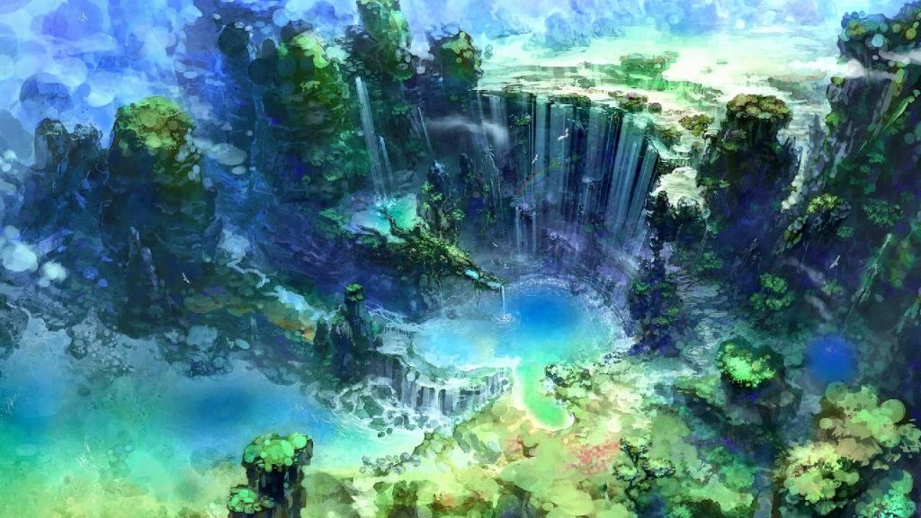 Ảnh nền Anime cảnh thác nước núi non hùng vĩ cực đẹp cho máy tính 