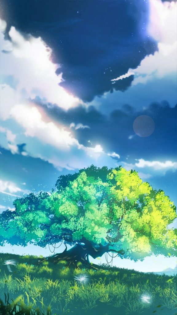 Cảnh anime cây cổ thụ cô đơn bình yên và giản dị