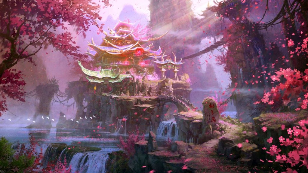 Ảnh nền anime cảnh chùa đầy màu sắc thiêng liêng đẹp mê hồn