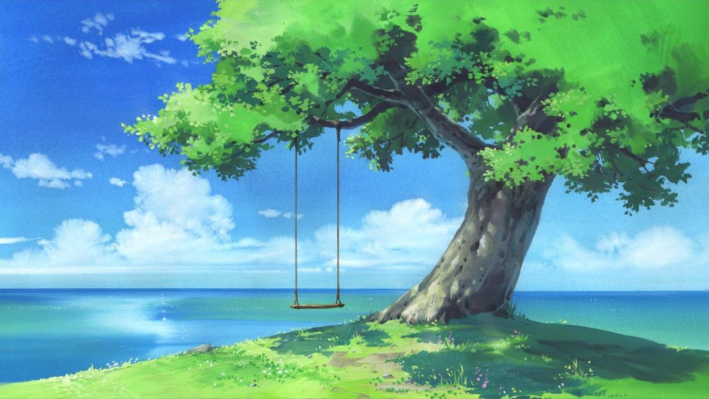 Cảnh anime xích đu bên cây cô đợi cạnh bãi biển