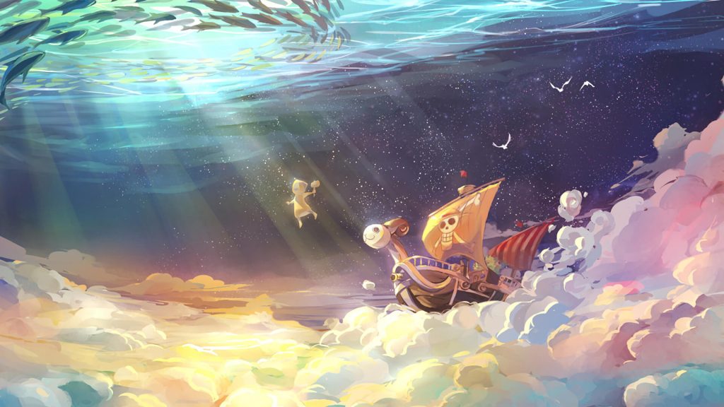 Cảnh anime tàu hải tặc trôi trên mây với bầu trời là mặt nước