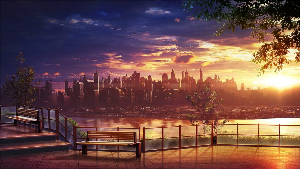 Anime cảnh nhìn thành phố từ xa dưới ánh chiều tà đẹp mĩ miều