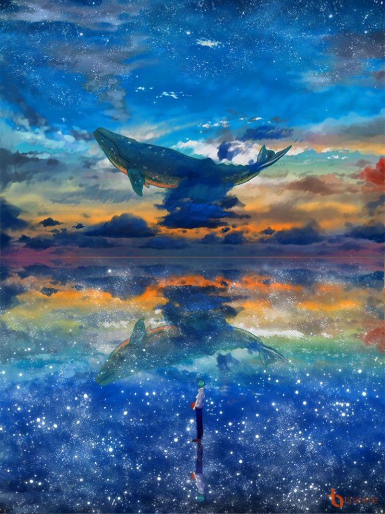 Cảnh anime cậu bé ngắm chú cá voi bơi cùng những đám mây trên bầu trời