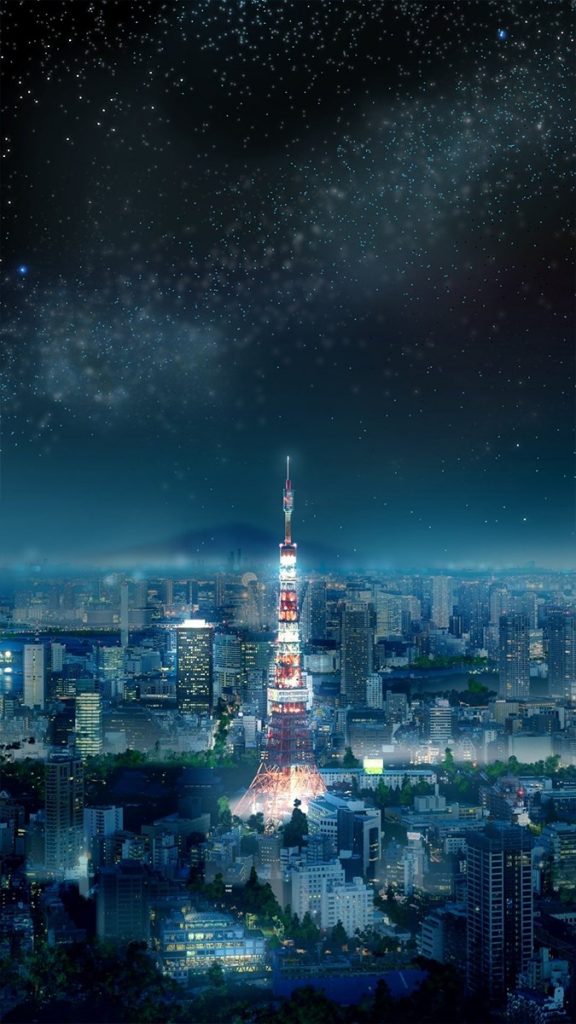 Anime phong cảnh thành phố về đêm đẹp lấp lánh