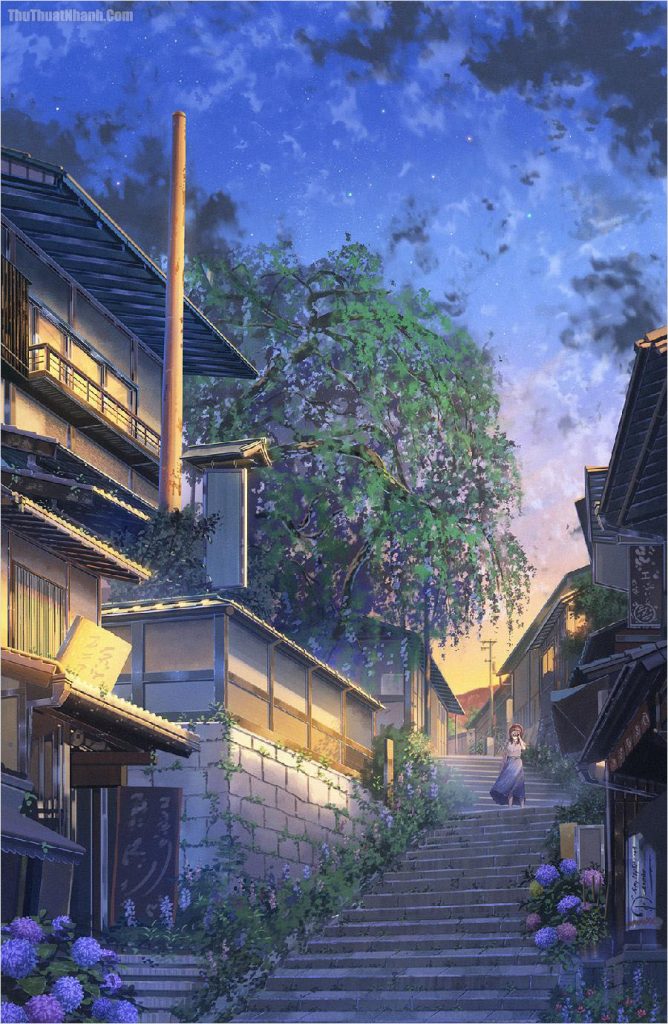 Cảnh anime con dốc của làng toát lên sự bình yên và đẹp nhẹ nhàng