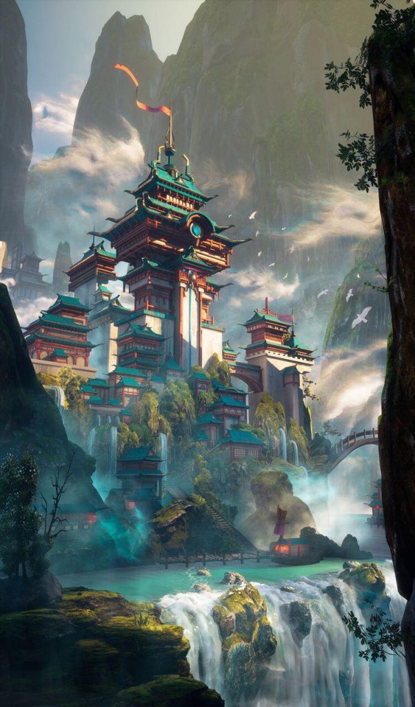 Cảnh anime ngôi chùa bên thác nước hùng vĩ toát lên vẻ huyền ảo cực đẹp