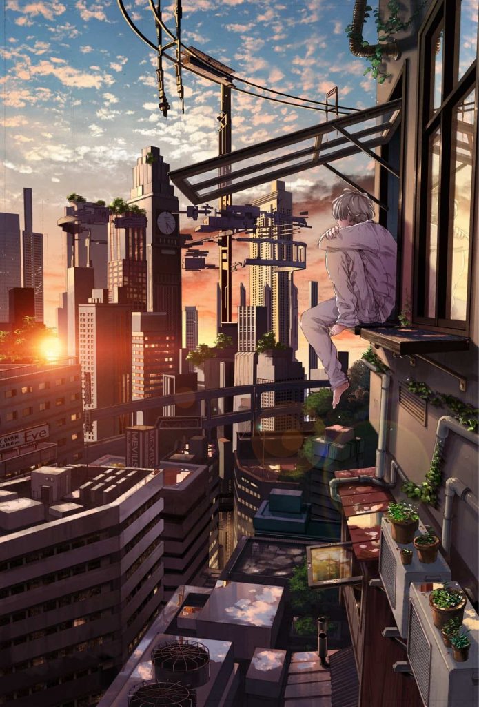 Phong cảnh anime chàng trai u sầu ngắm thành phố dưới ánh chiều tà cực lãng mạn