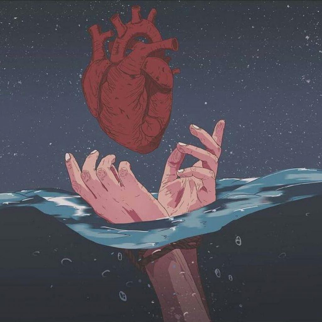 Hình ảnh bàn tay bị trói dưới biển đang cố với lấy trái tim