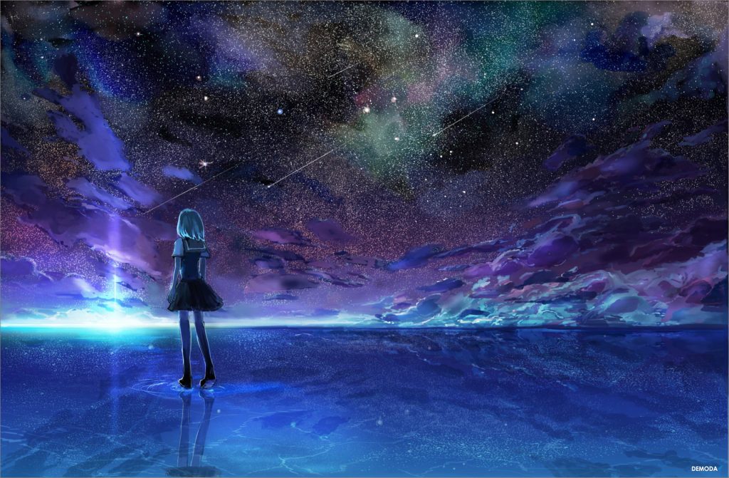 Anime cô gái dứng ngắm nhìn sao băng rơi trên bầu trời đêm đẹp lung linh 