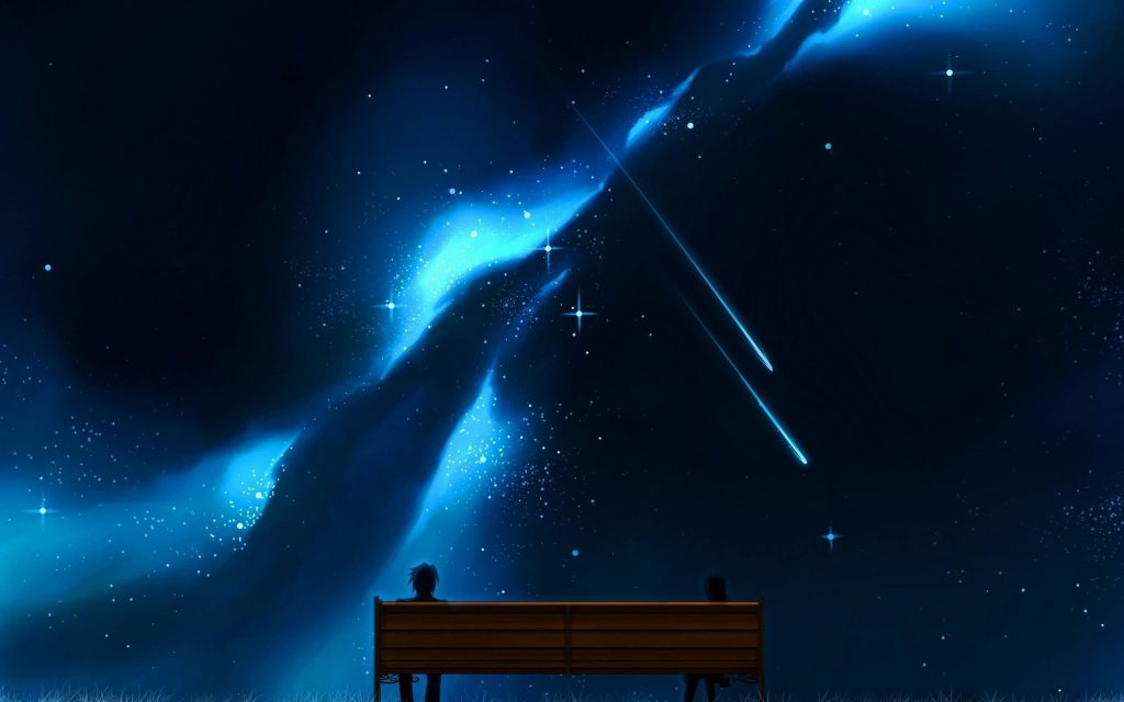 Cặp đôi cùng ngồi ngắm sao băng rời trên bầu trời đêm đẹp huyền ảo