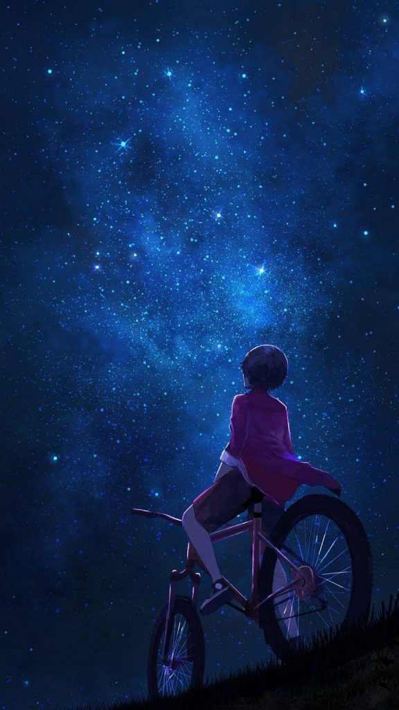 Ảnh anime chàng trai đạp xe ngẩng đầu ngắm nhìn màn đêm tuyệt đẹp 