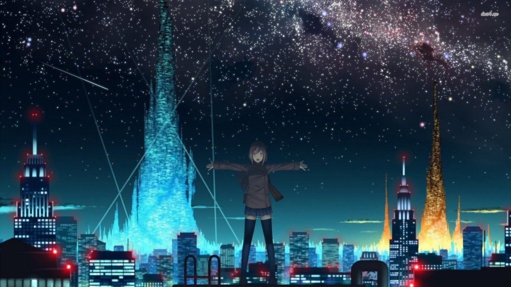  Cảnh anime thành phố sáng lấp lánh dưới bầu trời đêm đẹp huyền bí