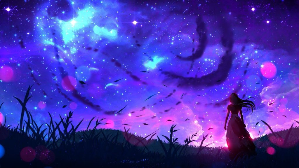 Ảnh anime cô gái ngắm bầu trời đêm đẹp lung linh tựa như chứa đựng cả dải ngân hà