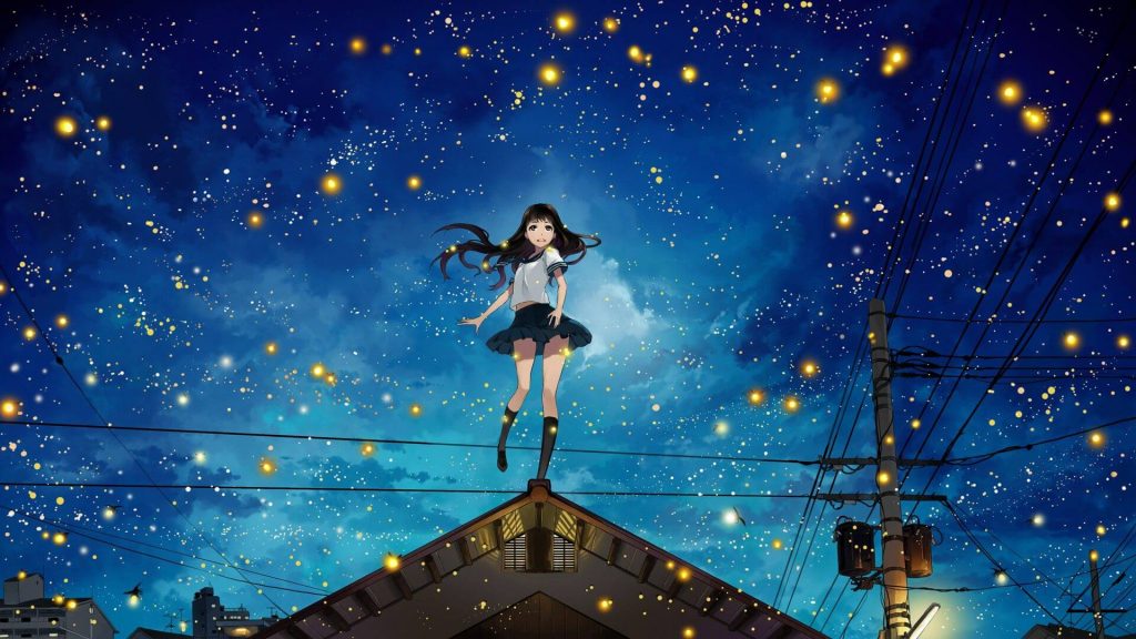 Cảnh anime cô gái đứng trên mái nhà bên trên là bầu trời đầy sao lấp lánh lãng mạn tuyệt đẹp
