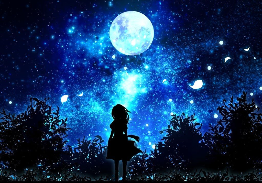 Hình anime bầu trời đêm cùng ông trăng tròn trịa đẹp ảo diệu đầy mê hoặc